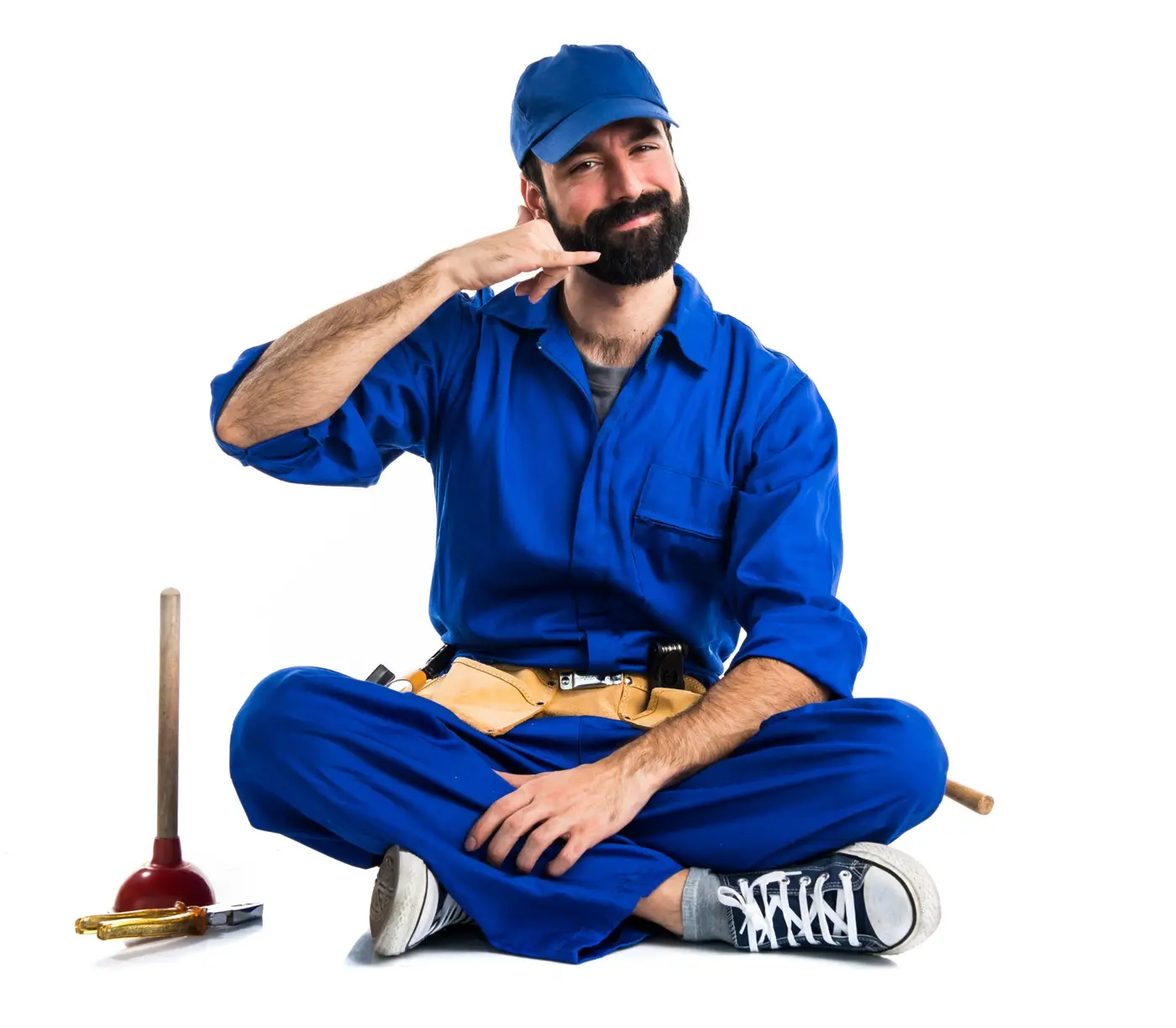 Plumber making phone gesture 24 hour emergency plumber